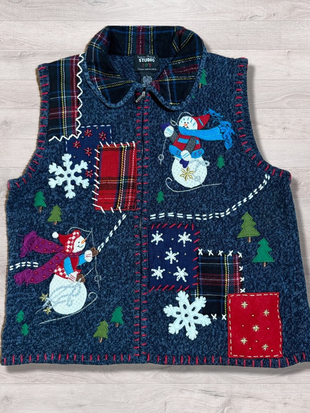 Christmas Vest Designers Originals Studio L Sweater Snowman Blue Patchwork VTG